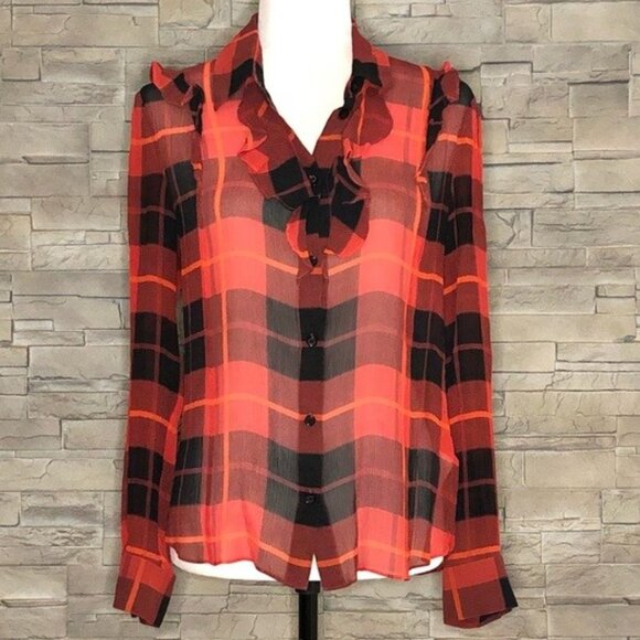 Kate Spade plaid ruffled semi-sheer blouse red black plaid size 4 - Picture 1 of 10